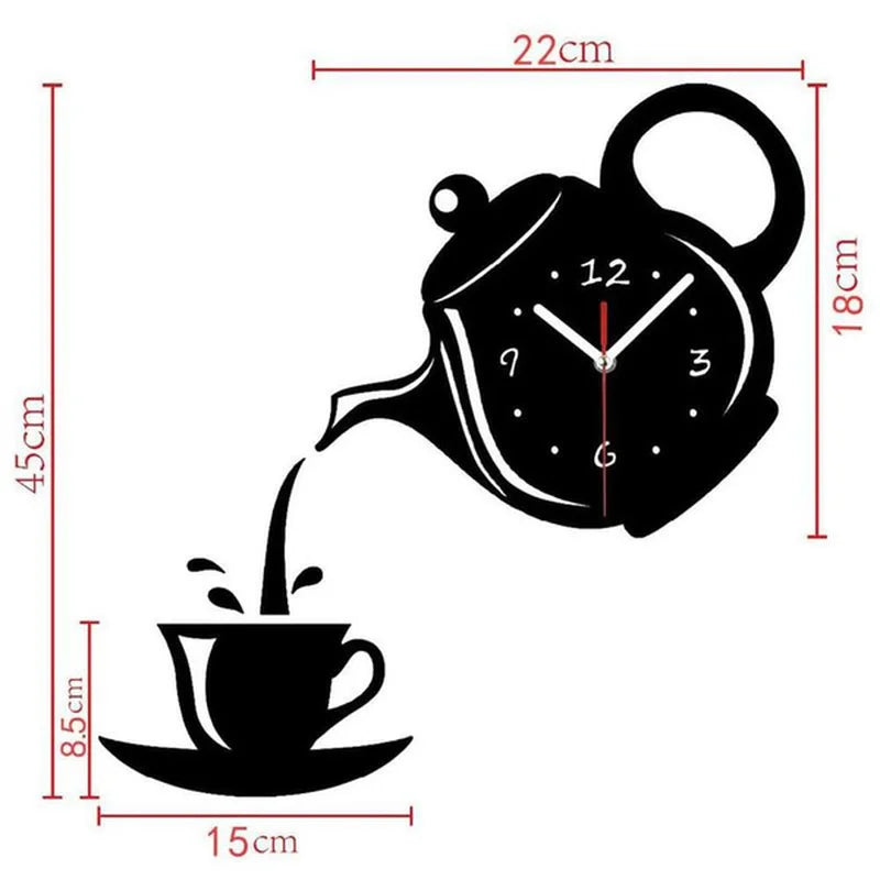 3D DIY Teapot Shape Wall Clock Acrylic Mirror Clock Modern Kitchen Home Decor Wall Sticker Hollow Digital Clock watch home clock