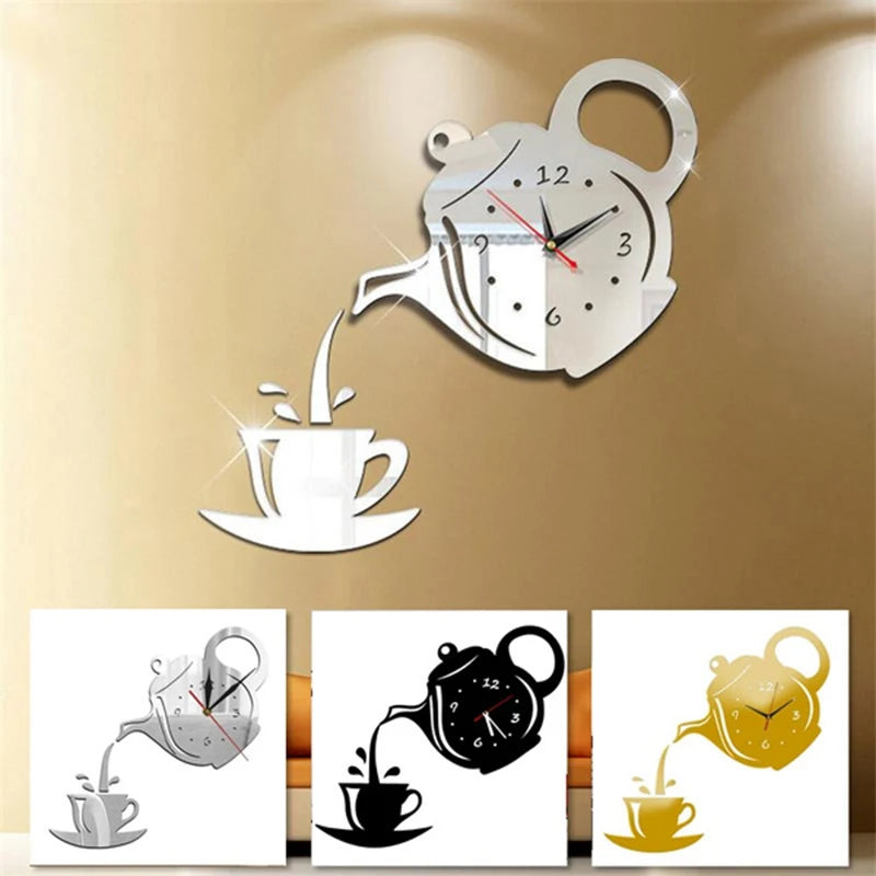 3D DIY Teapot Shape Wall Clock Acrylic Mirror Clock Modern Kitchen Home Decor Wall Sticker Hollow Digital Clock watch home clock