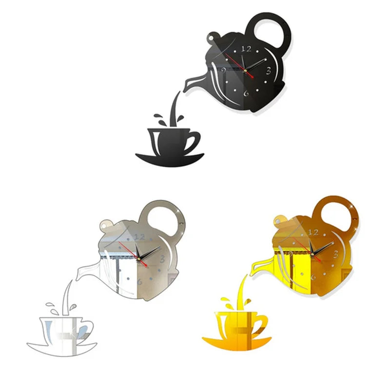 3D DIY Teapot Shape Wall Clock Acrylic Mirror Clock Modern Kitchen Home Decor Wall Sticker Hollow Digital Clock watch home clock