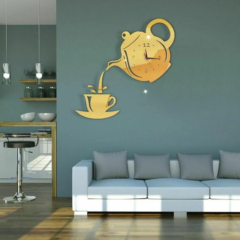 3D DIY Teapot Shape Wall Clock Acrylic Mirror Clock Modern Kitchen Home Decor Wall Sticker Hollow Digital Clock watch home clock